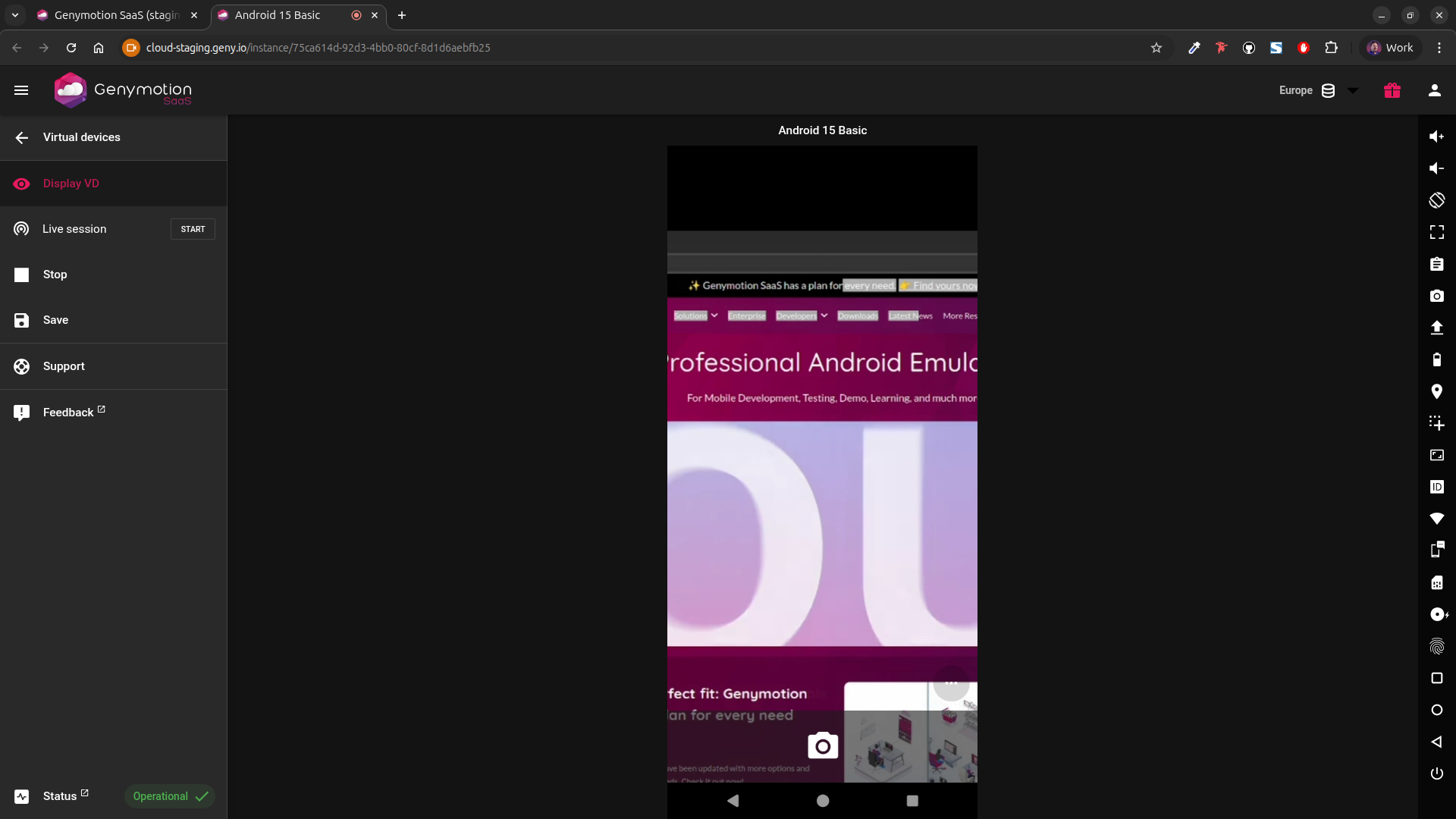 Genymotion SaaS using OBS Studio Virtual Camera as Android Camera.