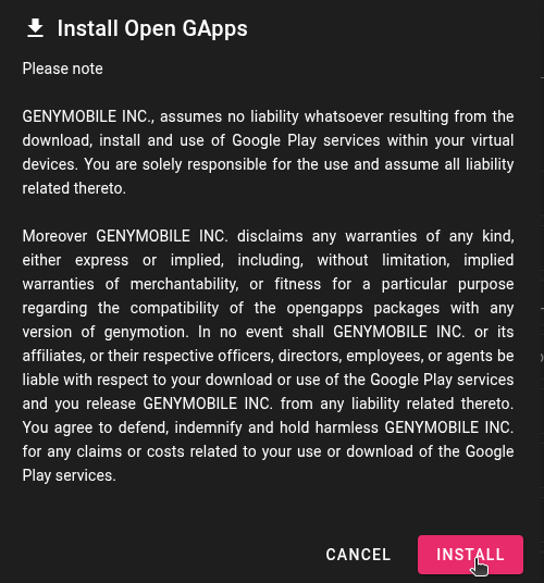 Open GApps installation popup disclaimer.