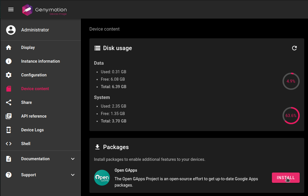 Screenshot showing the "Device content" page with the "Packages" section and Open GApps package.