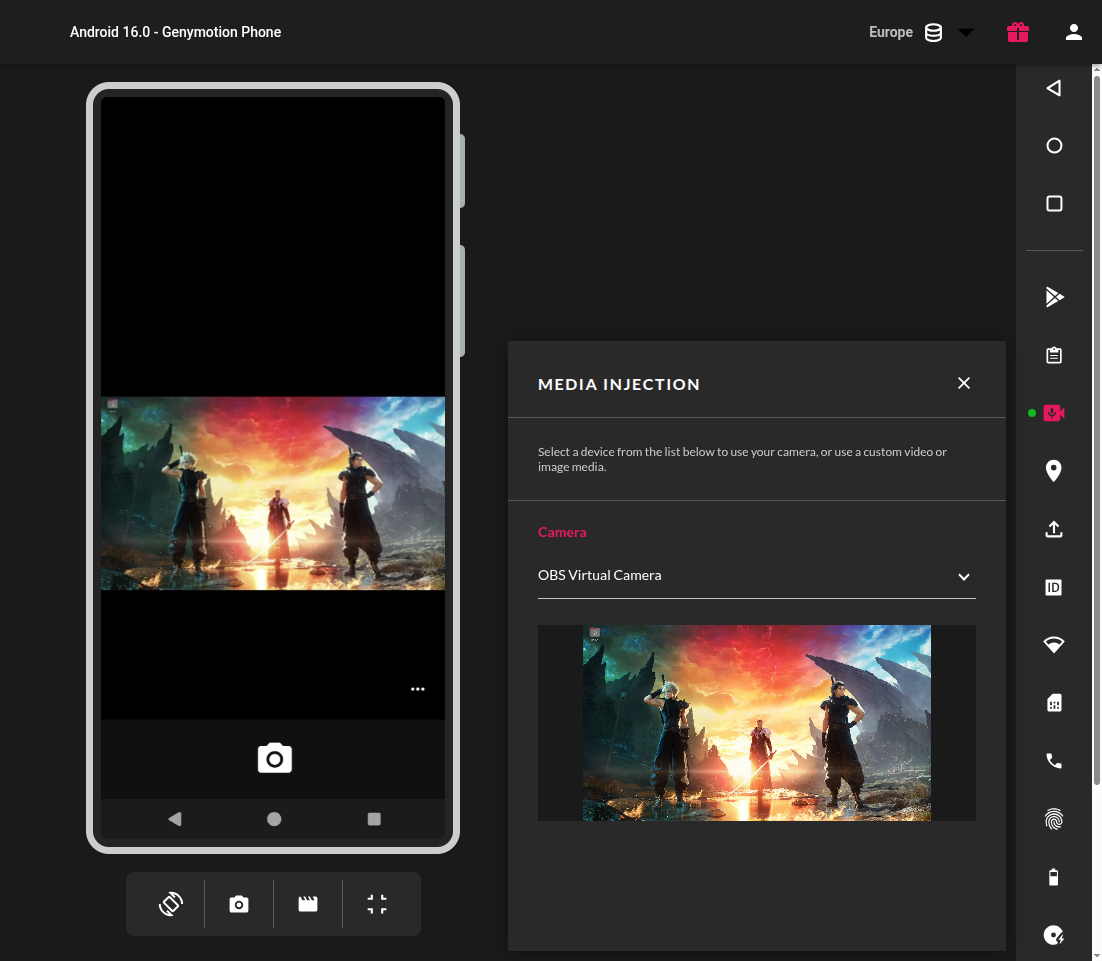Screenshot showing Genymotion SaaS Media Injection widget with "OBS Virtual Camera" source selected.