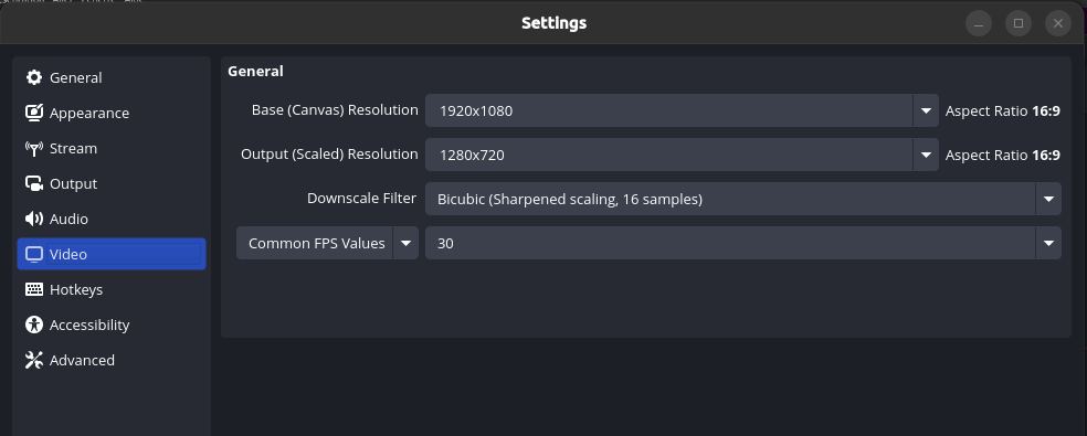 Screenshot of OBS Studio Video settings showing the "Output (Scaled) Resolution" setting.