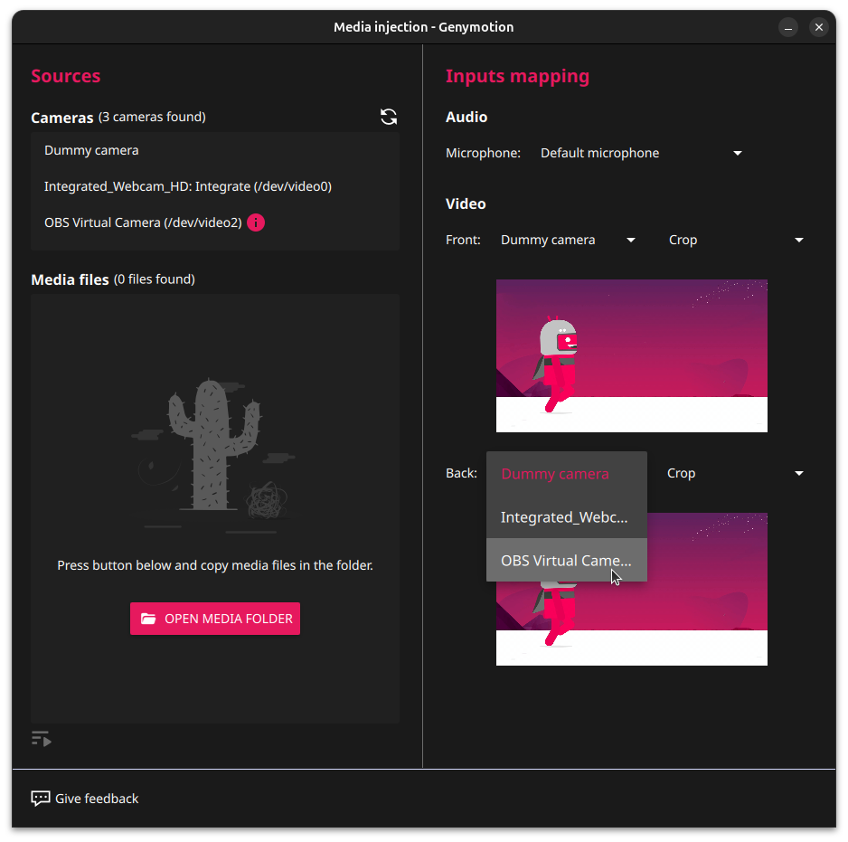 Screenshot of Genymotion Desktop Media injection widget, showing "OBS Virtual Camera" as an option in the drop-down list Video source.