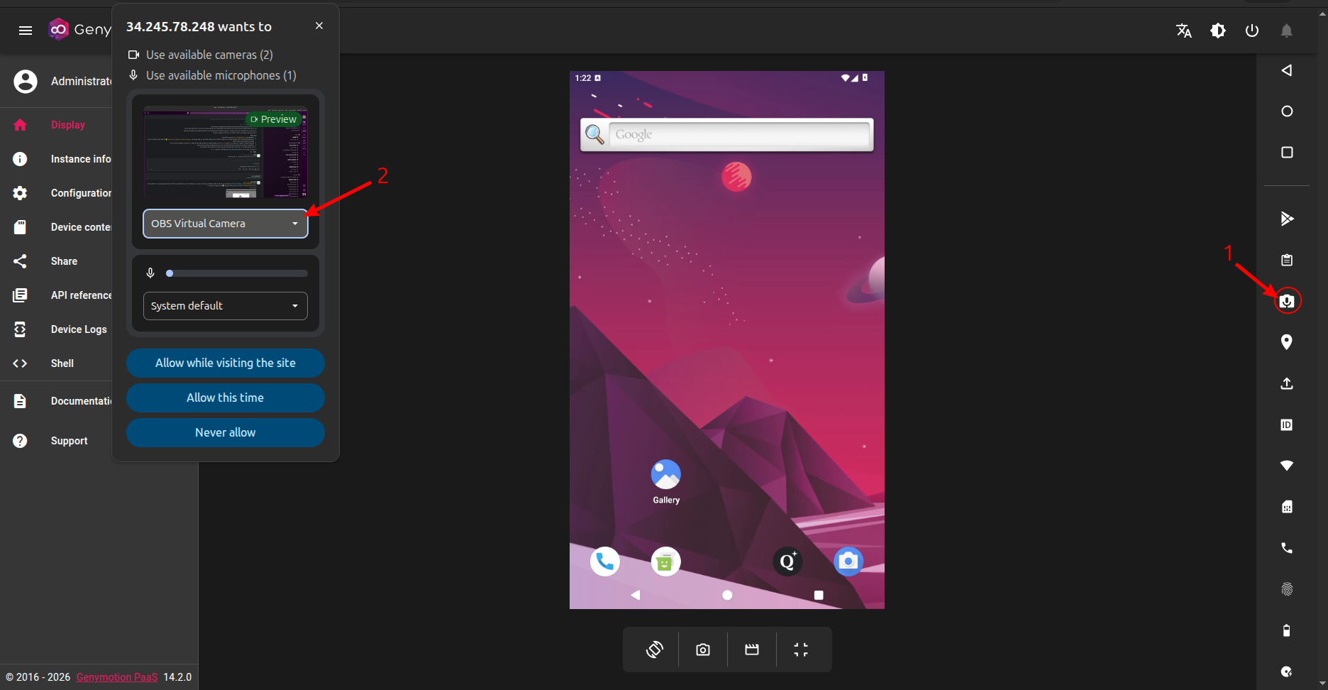 Screenshot showing Genymotion PaaS camera and microphone widget in action, in Google Chrome.