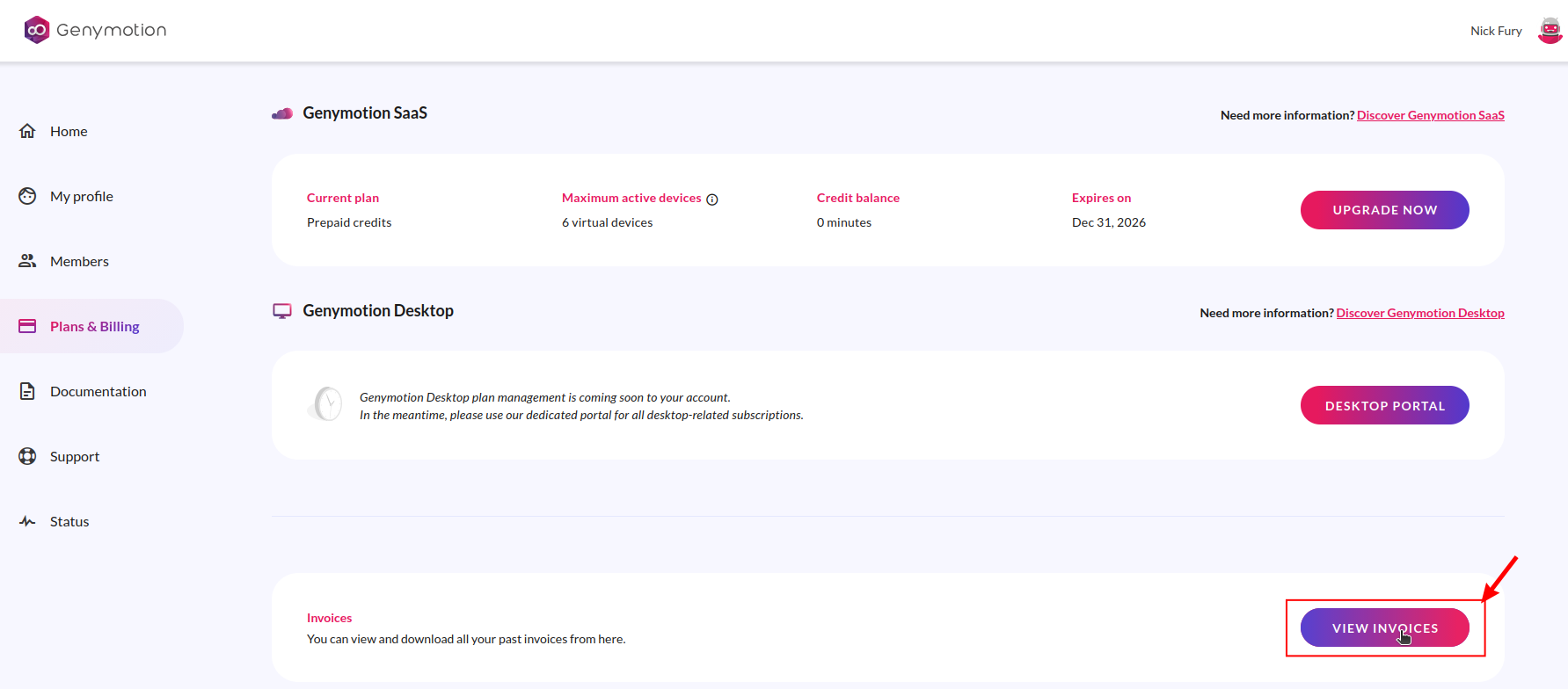 Screenshot showing the "Plans & Billing" section with the "View Invoices" button.